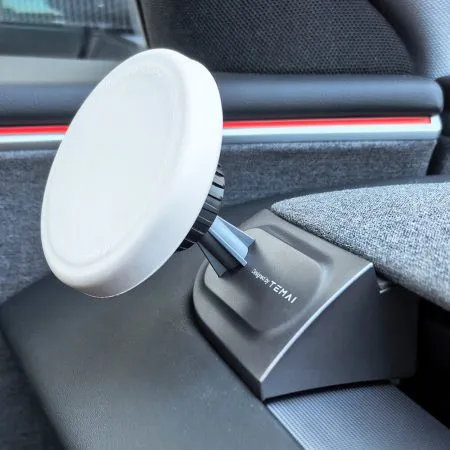 Vent-mounted phone holder installed in 2025 Tesla Model Y Juniper for left-hand drive layout