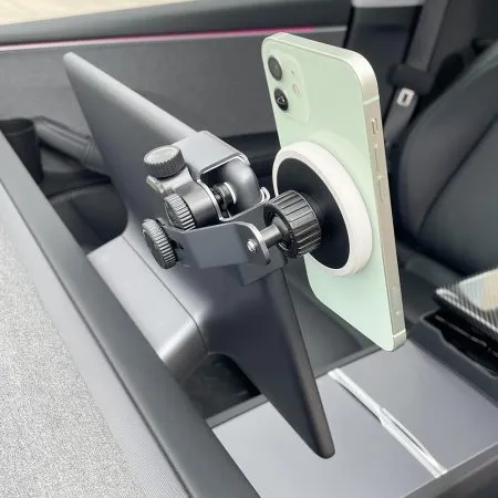 Screen clamp MagSafe phone holder mounted behind screen on Tesla Model Y Juniper