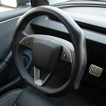 Tesla steering wheel cover ergonomic grip black carbon fiber texture microfiber leather for Model 3 Highland and Model Y Juniper